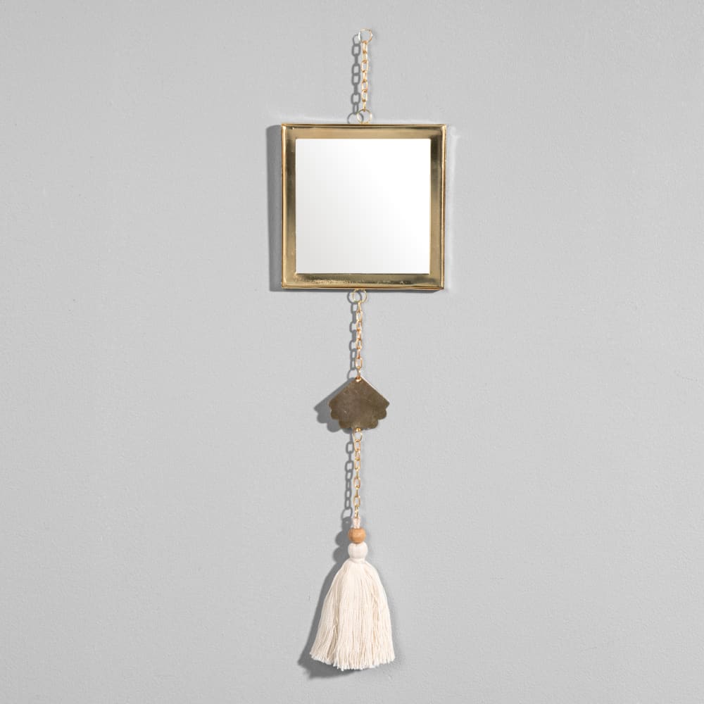 Miroir carré en aluminium doré avec pompon et pampille dorée, 10x42 cm — Beyit