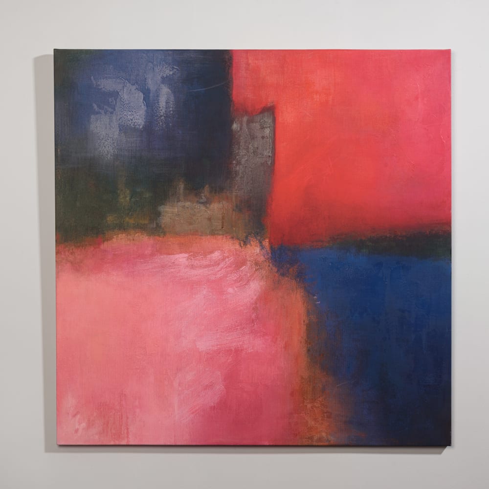 Toile imprimée et peinte rouge, bleue et verte, 90x90 cm