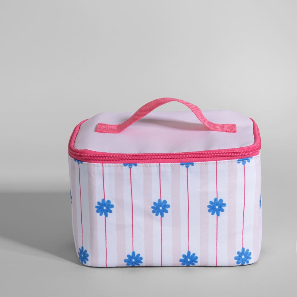Lunchbag en tissu polyester beige motifs bleus et rouges