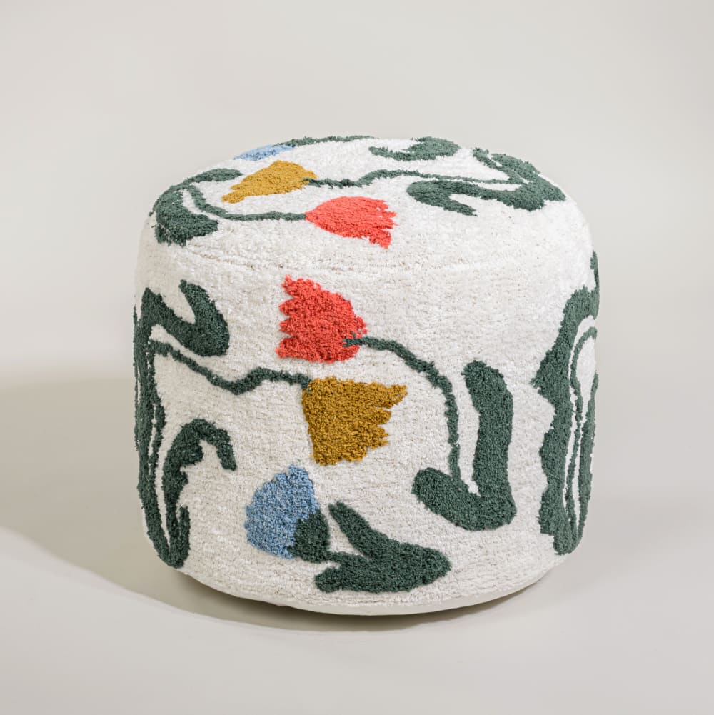 Pouf rond en coton motif floral multicolore