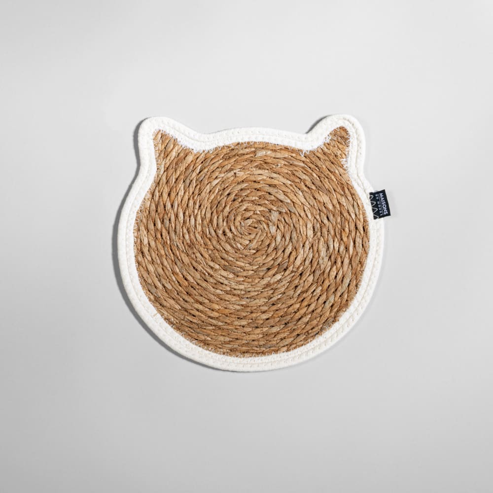 Tapis pour gamelle tête de chat en jonc de mer beige et blanc