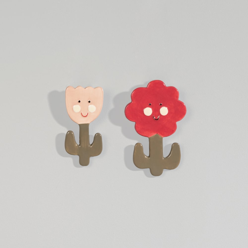 Déco murales fleurs en porcelaine rose et verte (x2)