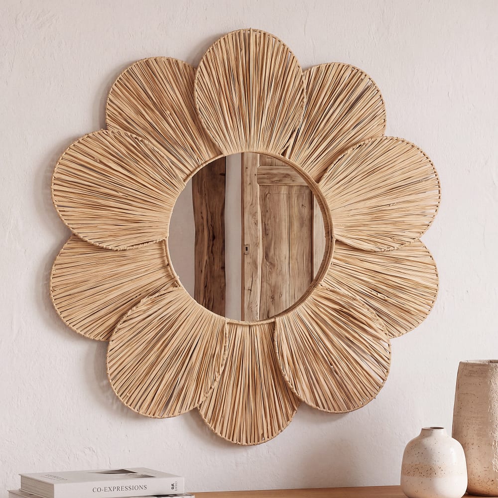 Miroir fleur rond en jute tressé, Ø80 cm