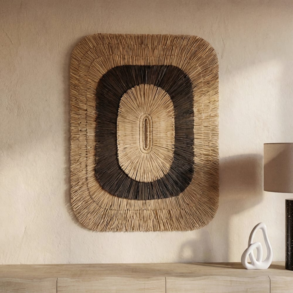 Déco murale en fibre végétale beige et noire, 87x110 cm