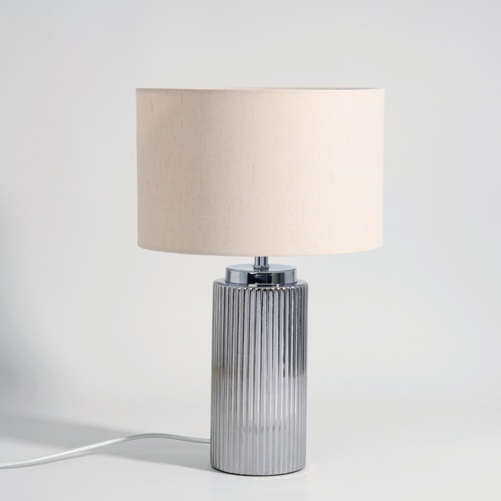 Lampe en grès argenté et abat-jour beige crème