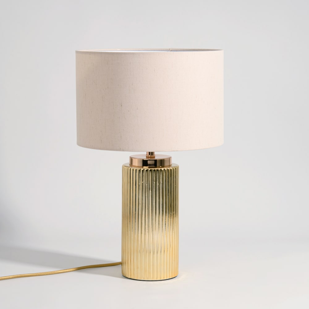 Lampe en grès doré et abat-jour en beige crème