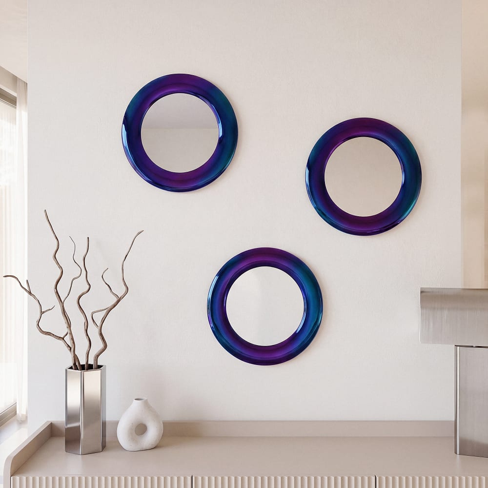 Miroir rond en faïence irisée violette, bleue et rose, Ø35 cm