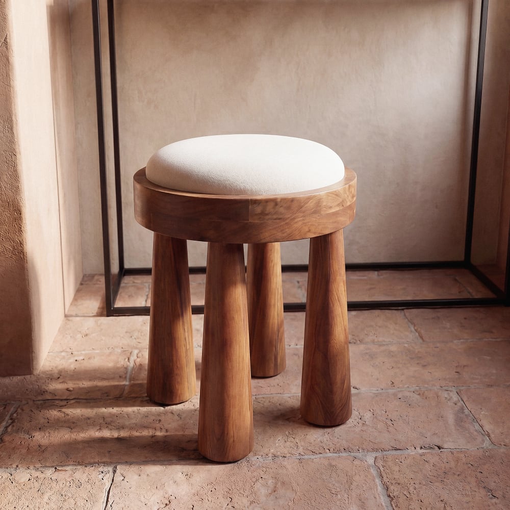 Tabouret en bois de manguier et coton écru