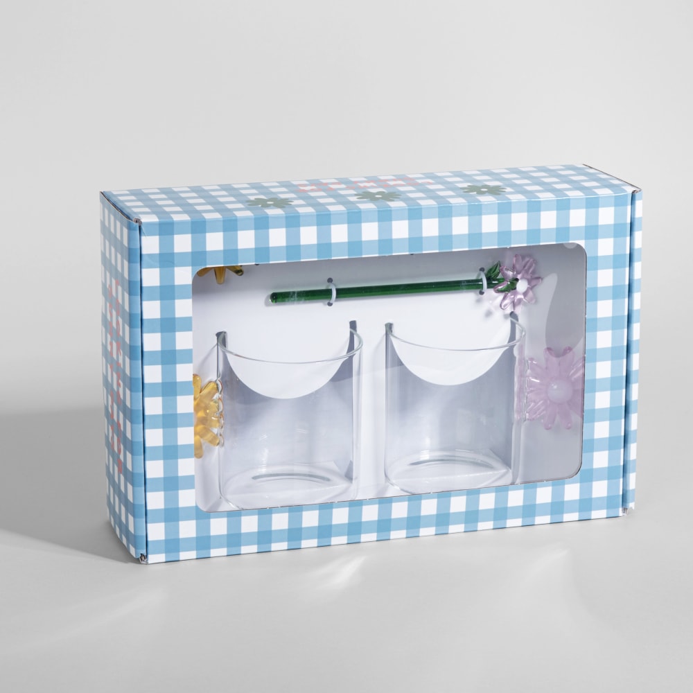 Coffret 2 tasses en verre transparent et anses fleurs