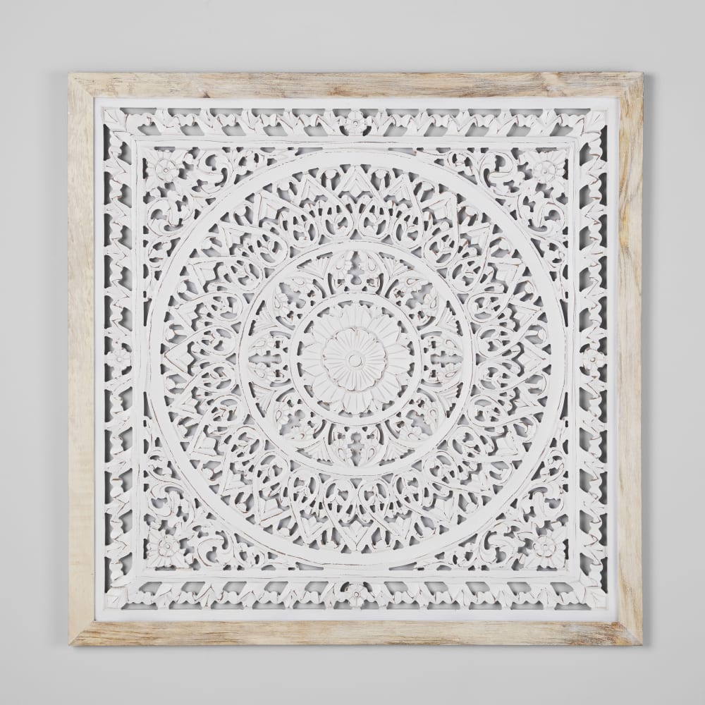 Déco murale en bois de manguier sculpté motif mandala blanc, 110x110 cm