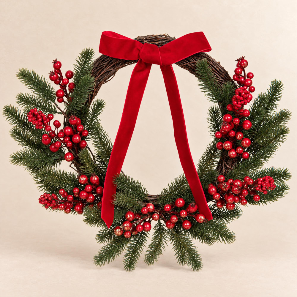 Couronne de Noël artificielle verte, baies dorées et nœud rouge