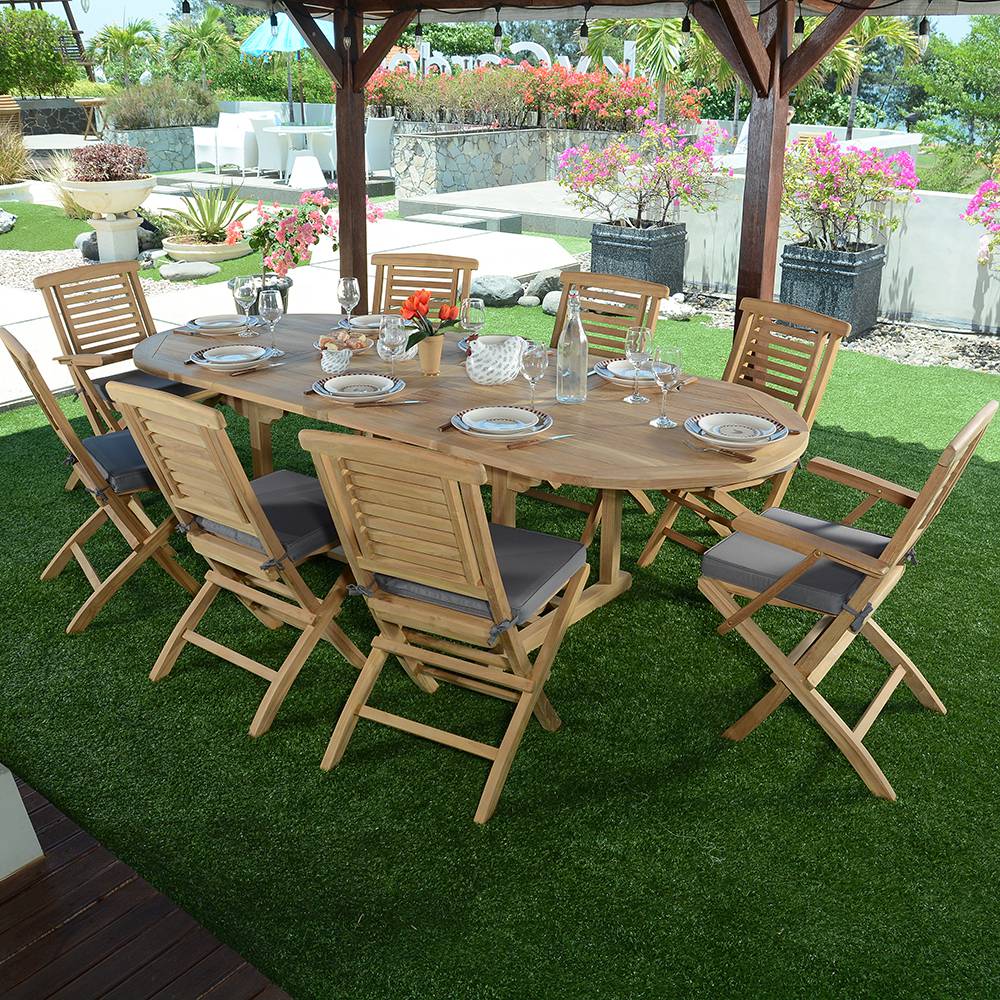 Salon de jardin 6 chaises + 2 fauteuils en teck massif