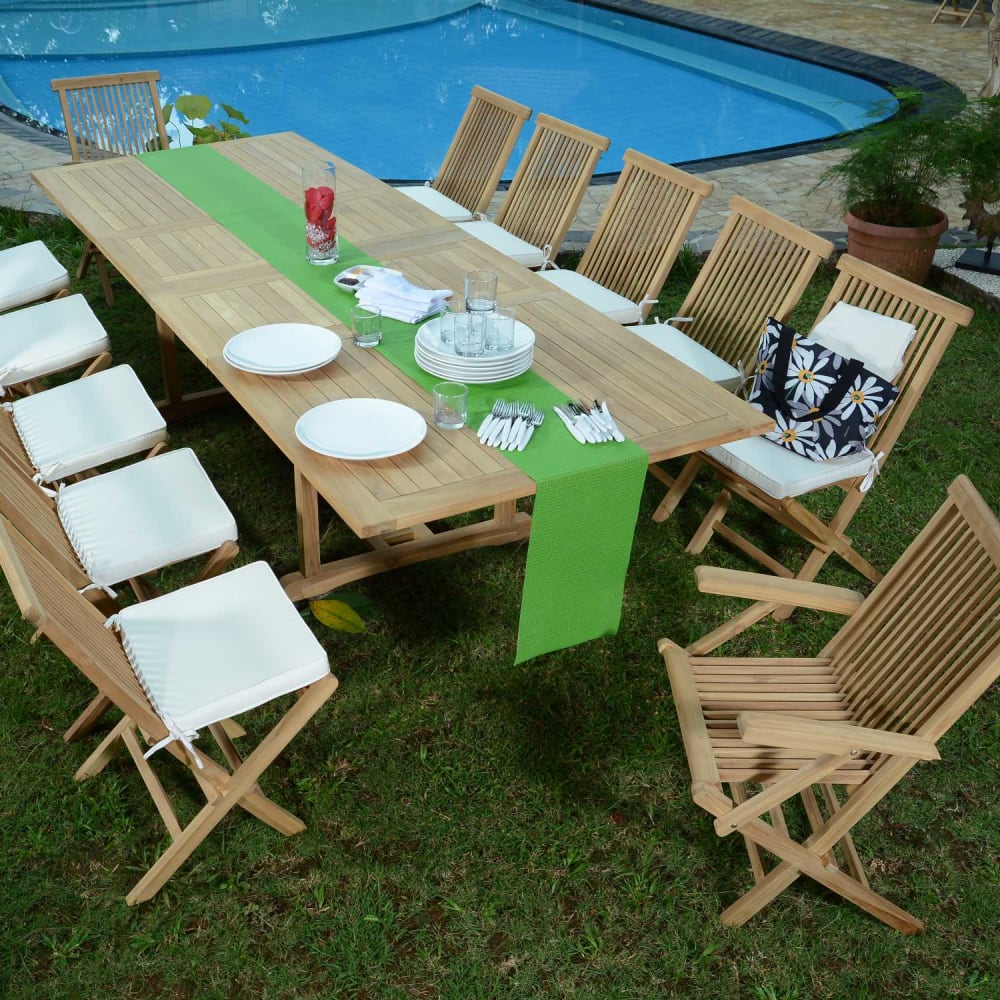 Salon de jardin 10 chaises + 2 fauteuils en teck massif