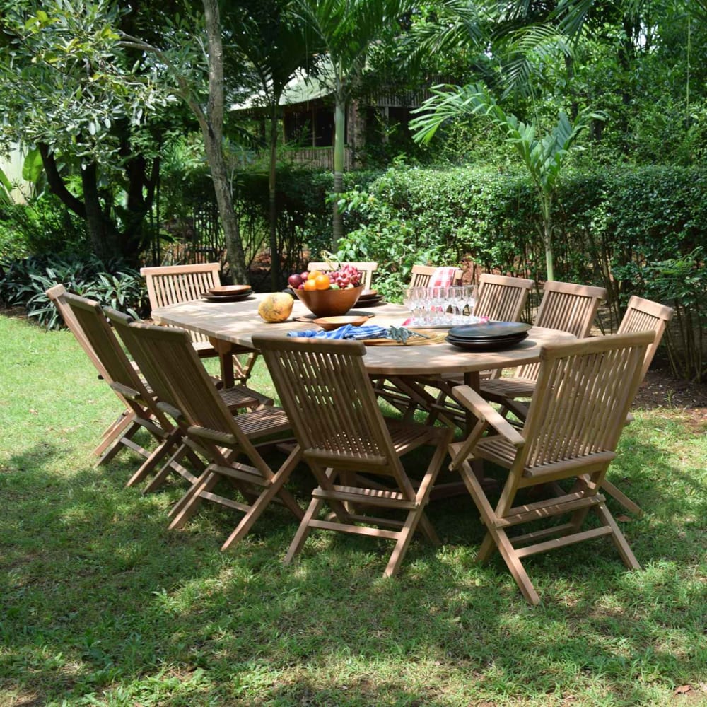 Salon de jardin 10 chaises avec 2 fauteuils en teck massif
