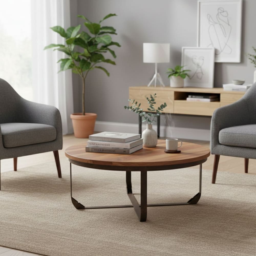 Table basse ronde en bois massif et métal marron