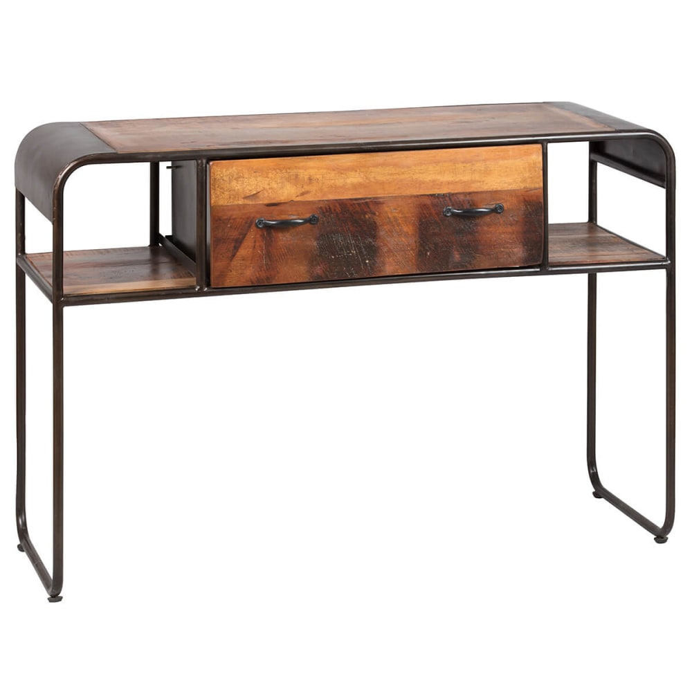 Console 1 tiroir en bois massif et métal rouillé