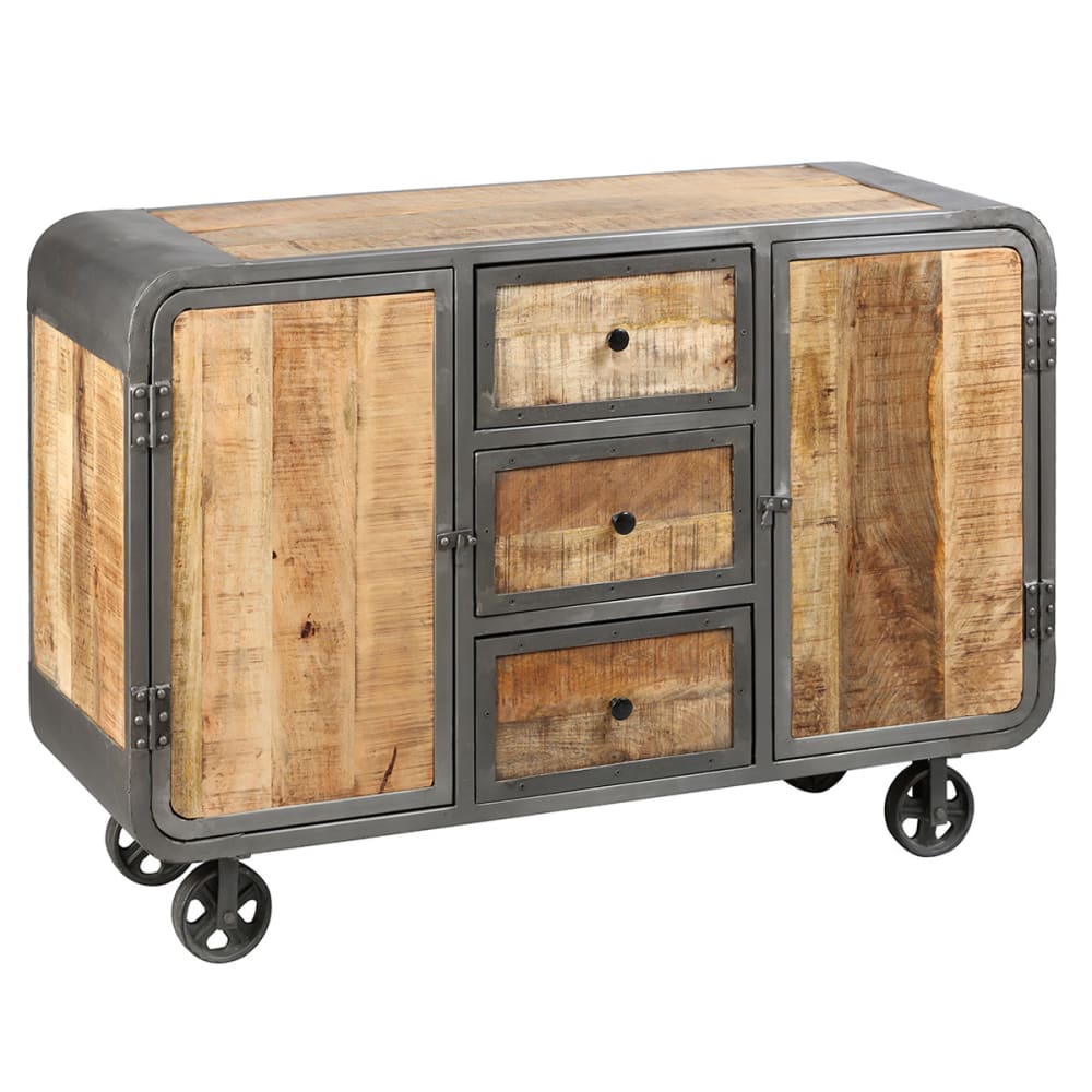 Buffet 2 portes 3 tiroirs sur roulette en bois massif et métal