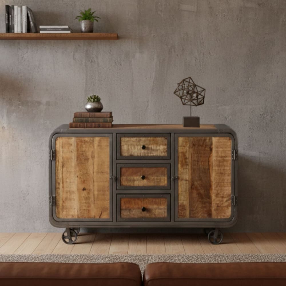 Buffet 2 portes 3 tiroirs sur roulette en bois massif et métal - Maisons du Monde