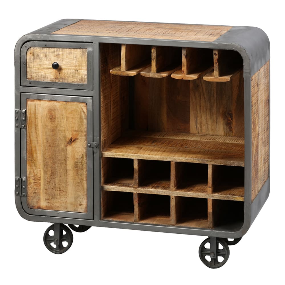 Buffet de bar sur roulettes en bois massif et métal gris