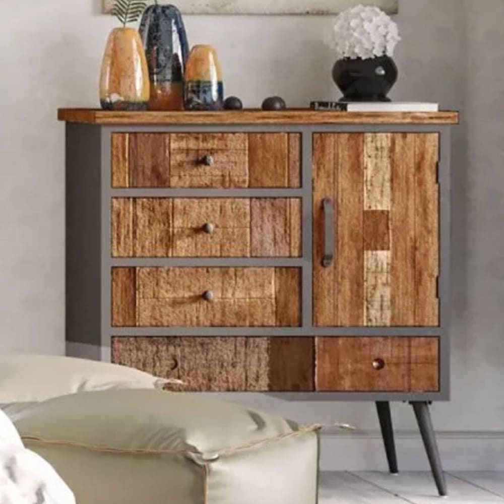 Meuble d'entrée 1 porte 4 tiroirs en bois massif et métal