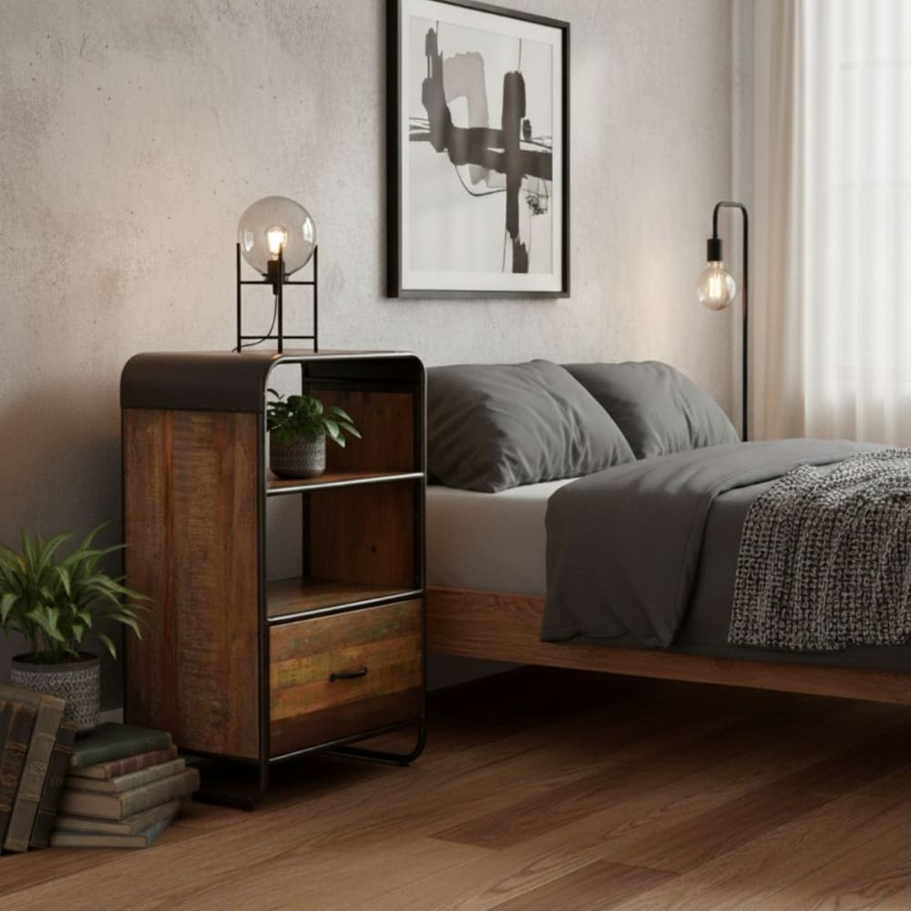 Meuble d'entrée 1 tiroir en bois massif et métal rouillé