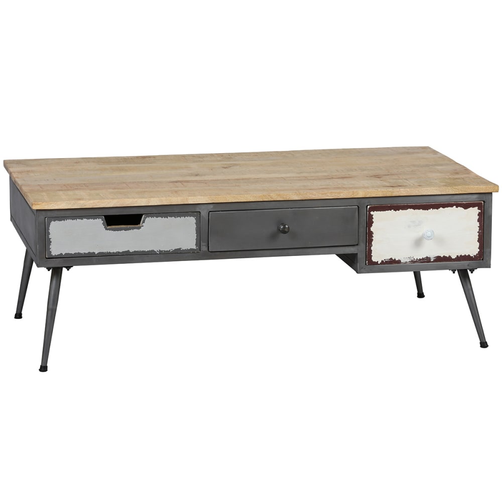 Altobuy Table basse 3 tiroirs structure en métal plateau en bois style industriel Gris Bois - 115x46x60cm