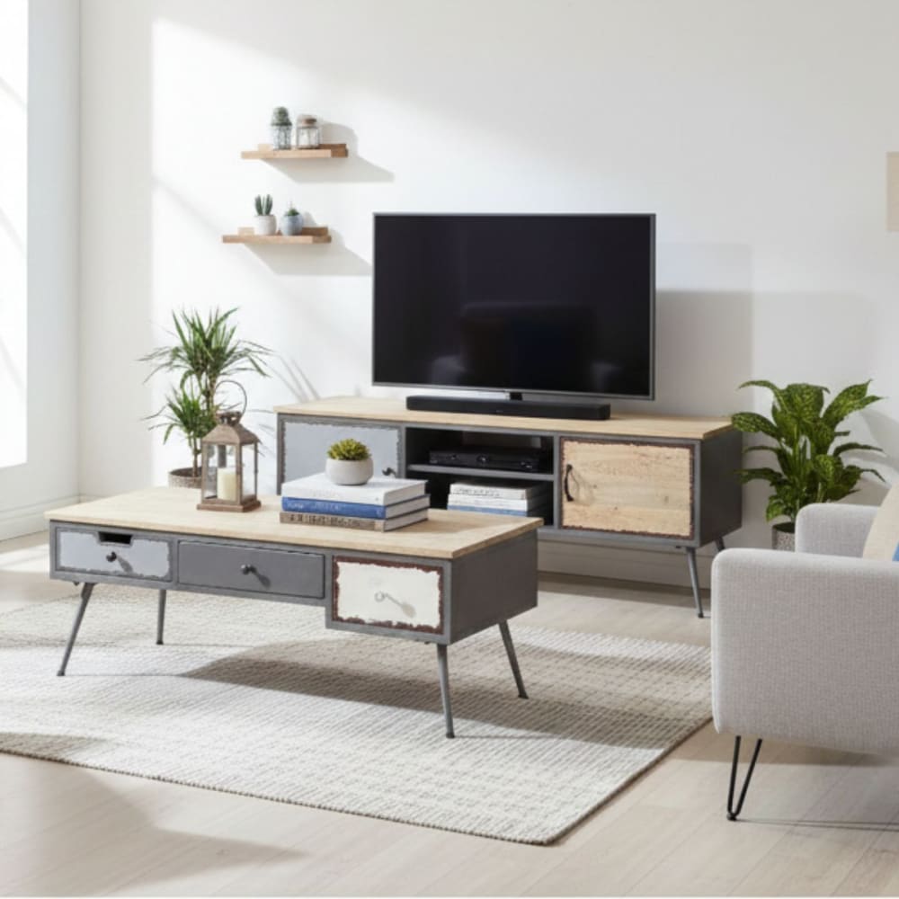 Table  basse 3 tiroirs structure en métal plateau en bois - Maisons du Monde