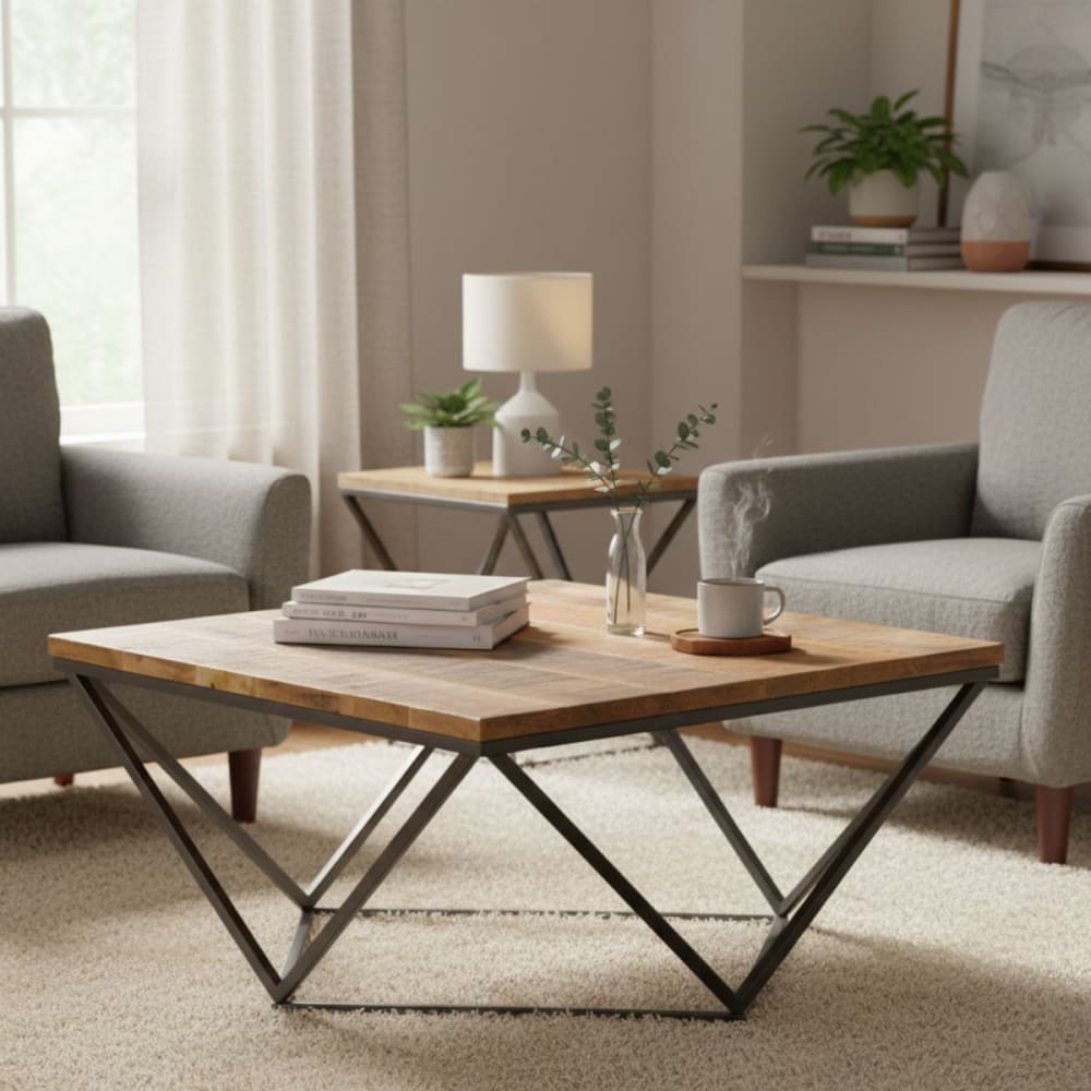 Table basse pivotée en bois massif et métal gris