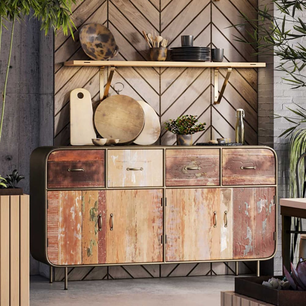 Buffet 4 portes 4 tiroirs en bois massif et métal rouillé - Maisons du Monde