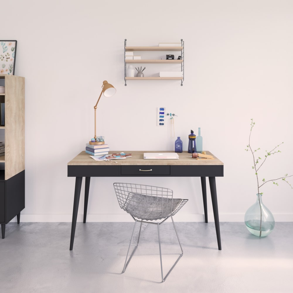 Bureau 1 tiroir effet bois noir et chêne naturel