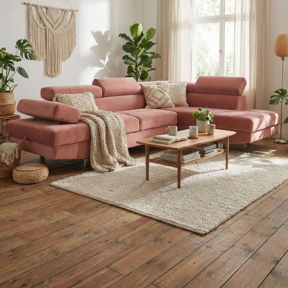 Canapé d'angle avec têtières relevables velours rose