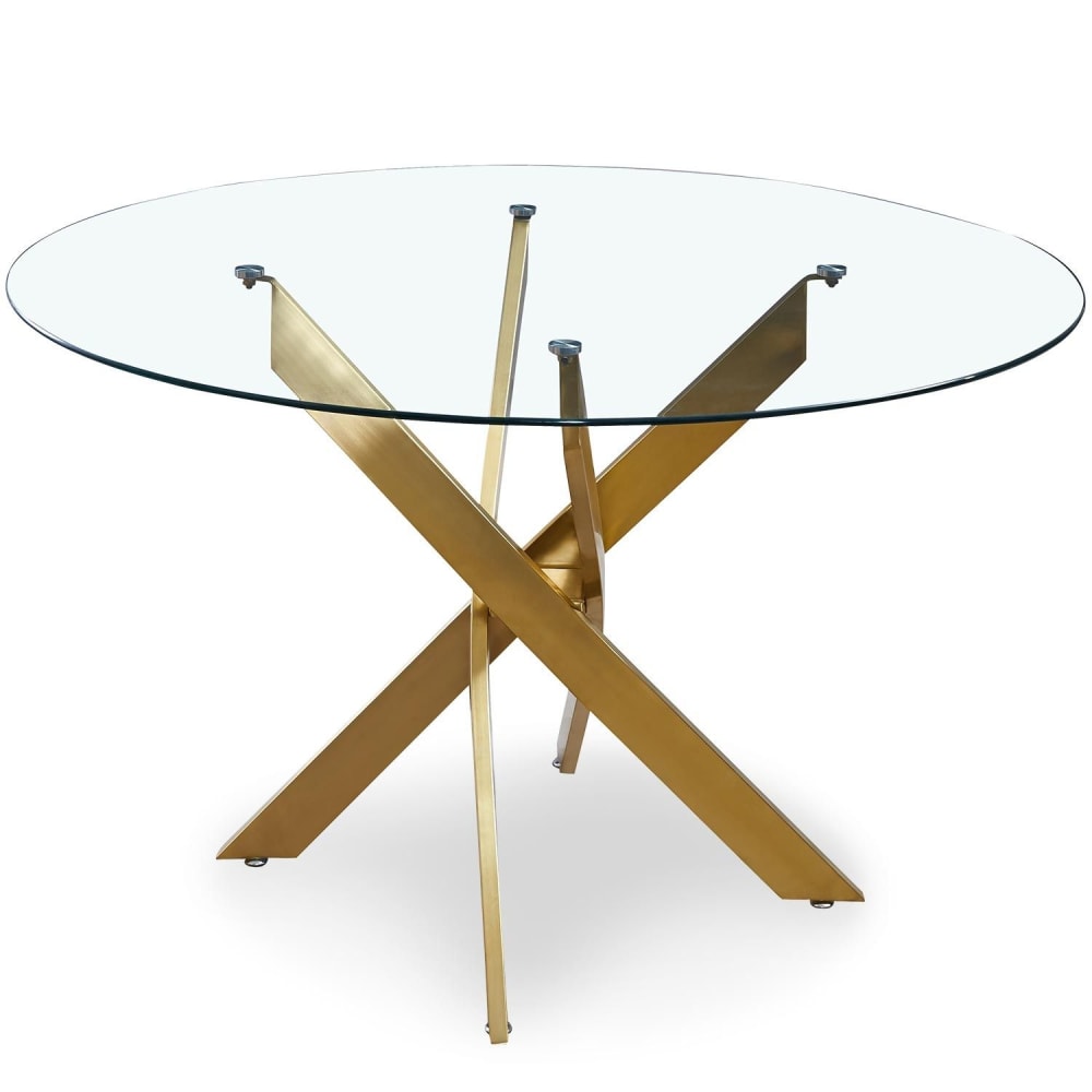 Table ronde 6 places en verre et pieds or