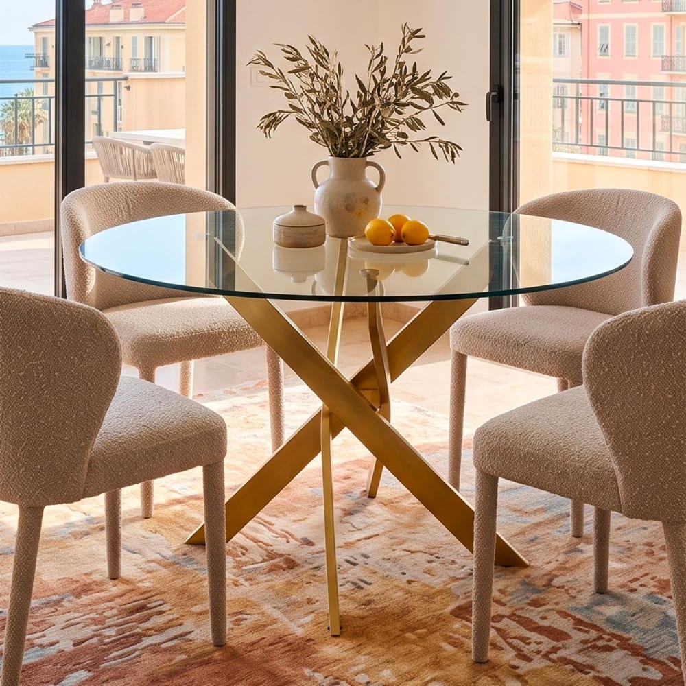 Table ronde 6 places en verre et pieds or - Maisons du Monde