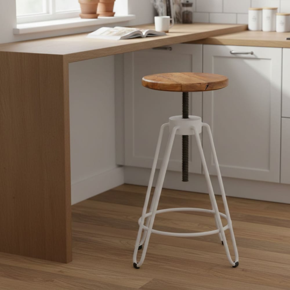 Tabouret en bois massif et métal blanc