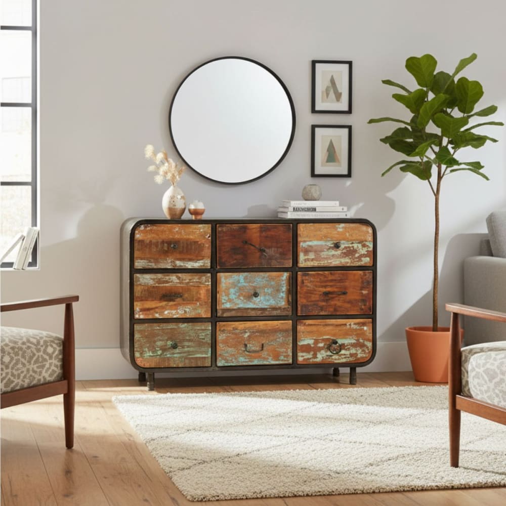 Commode 9 tiroirs en bois massif et métal