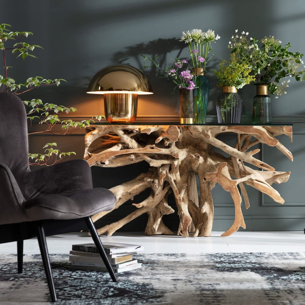 Console en teck flotté et verre