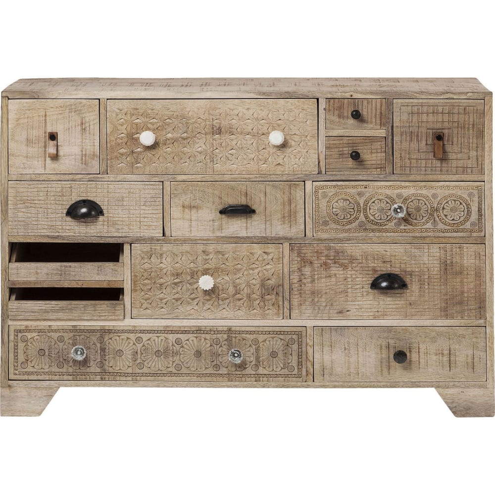 Kare Design Kommode mit 14 Schubladen aus Massivholz mit Schnitzereien, beige style exotic Braun