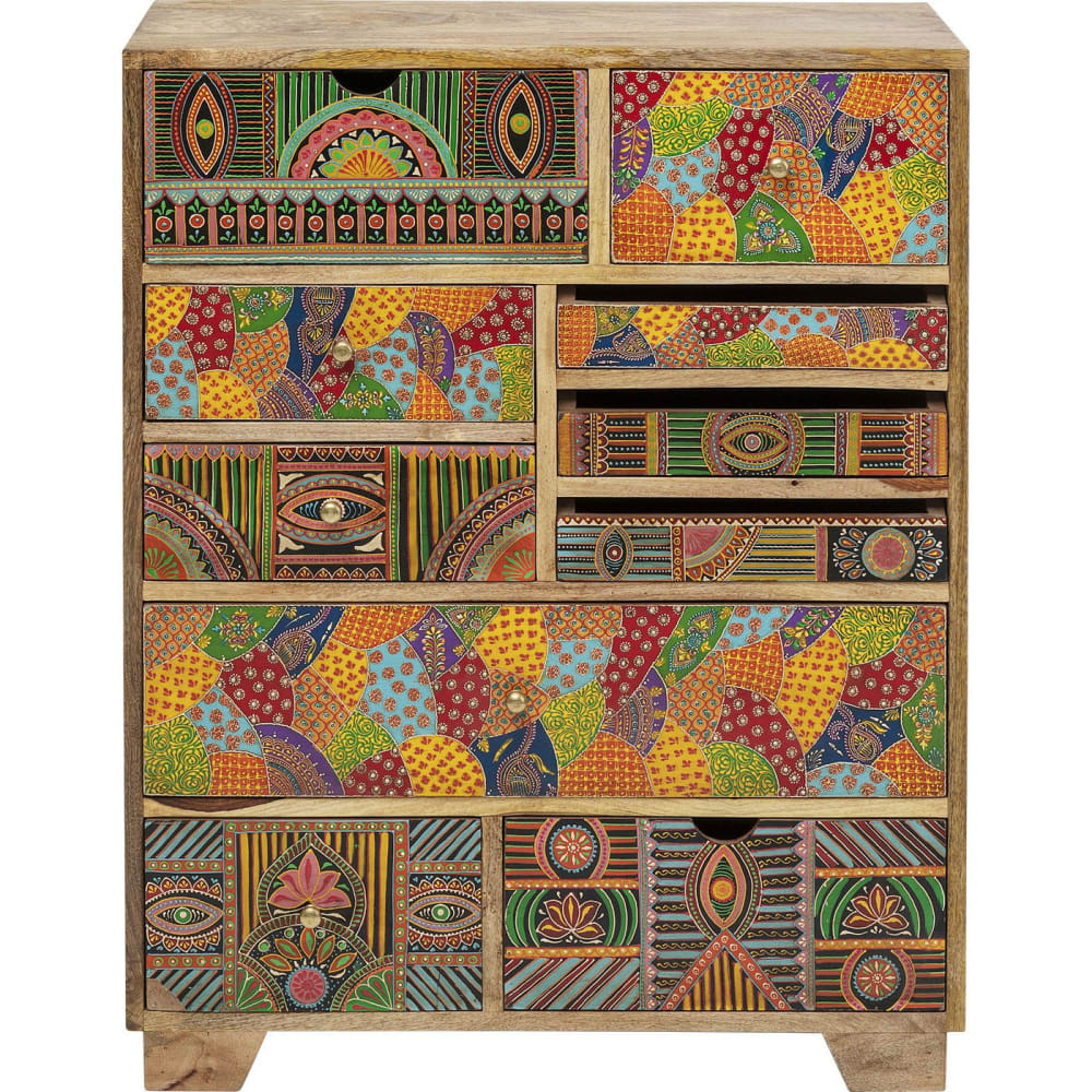 Commode 10 tiroirs en manguier massif motifs multicolores