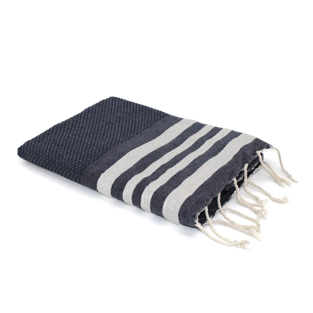 Fouta nid d'abeille coton 100x200 bleu jean & argent