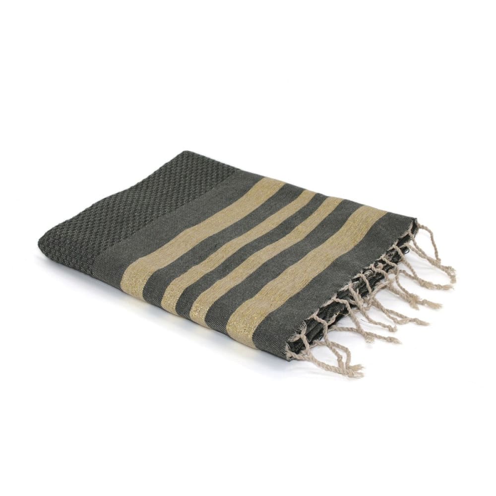 Fouta nid d'abeille coton vert kaki & or 100x200