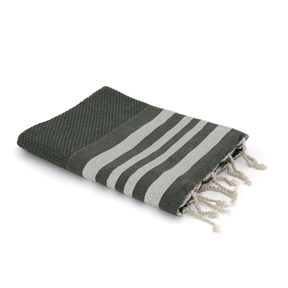 Fouta nid d'abeille coton vert kaki & argent 100x200