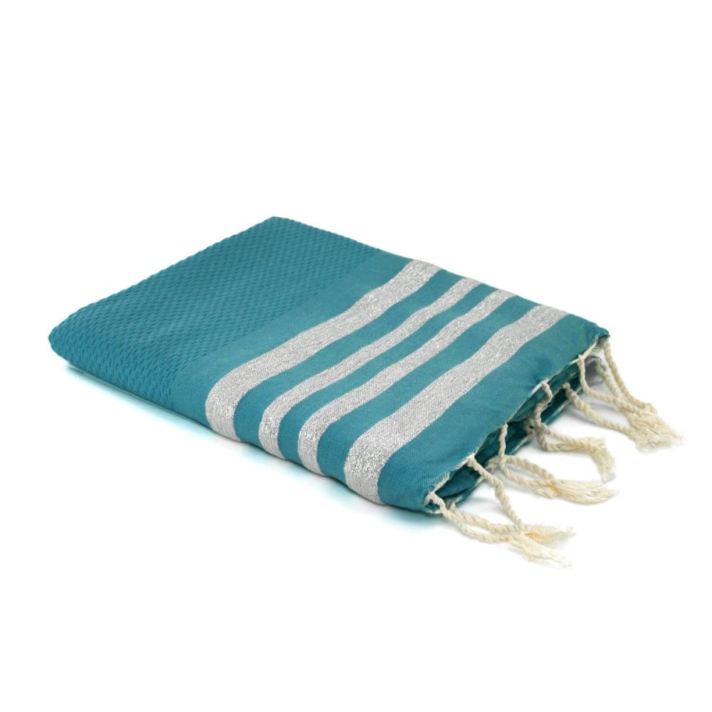 Fouta nid d'abeille coton vert canard & argent 100x200