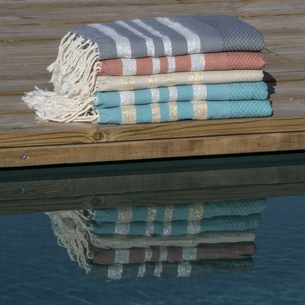 Fouta nid d'abeille coton 100x200 vert canard & argent - Maisons du Monde