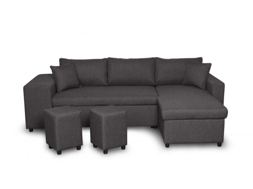 Canapé d'angle convertible avec coffre et poufs en tissu - Gris foncé
