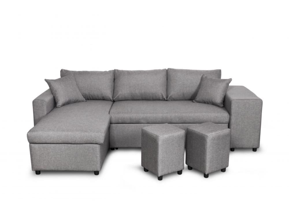 Canapé d'angle convertible avec coffre et poufs en tissu - Gris clair