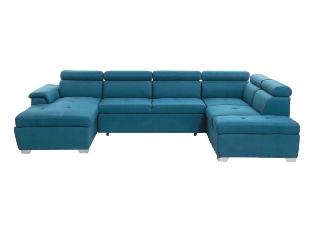 Canapé d'angle panoramique 6 places en tissu bleu