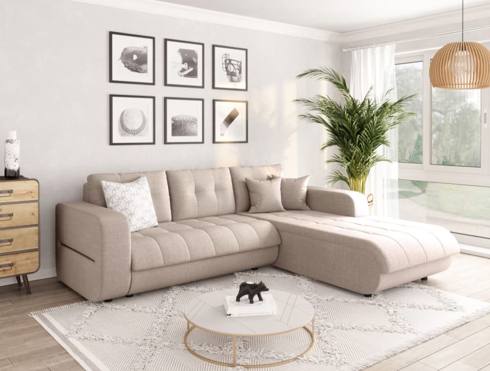 Canapé d'Angle Convertible en Tissu - Beige - Angle Droit