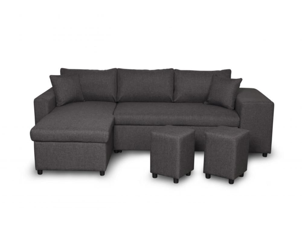 Canapé d'angle convertible avec coffre et poufs en tissu - Gris foncé