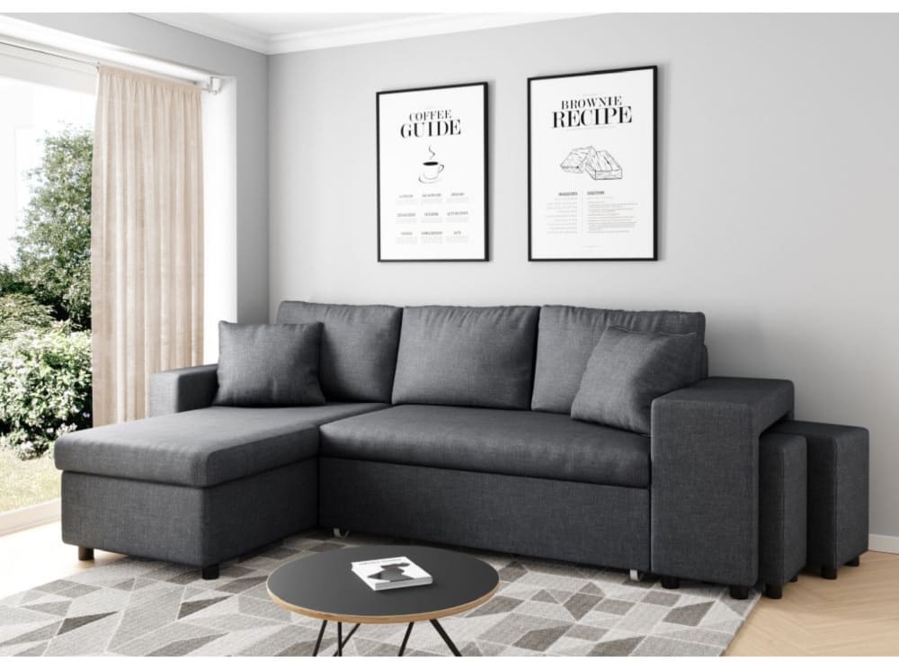 Canapé d'angle convertible avec coffre et poufs en tissu - Gris foncé