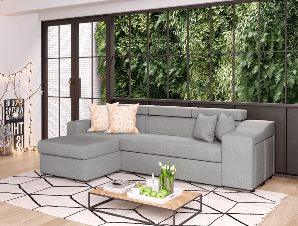 Canapé d’angle 4 places en tissu gris avec rangement droit